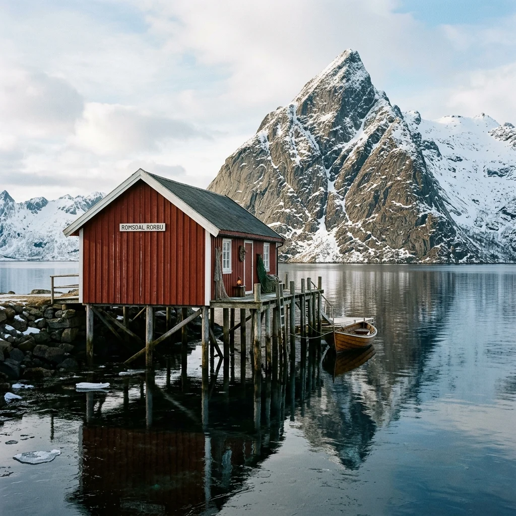 A traditional red wooden rorbuer cabin perched on stilts over the icy water of the…