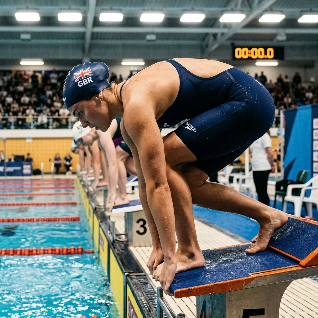 A 24-year-old female competitive swimmer in a racing suit and cap coiled on the blocks…