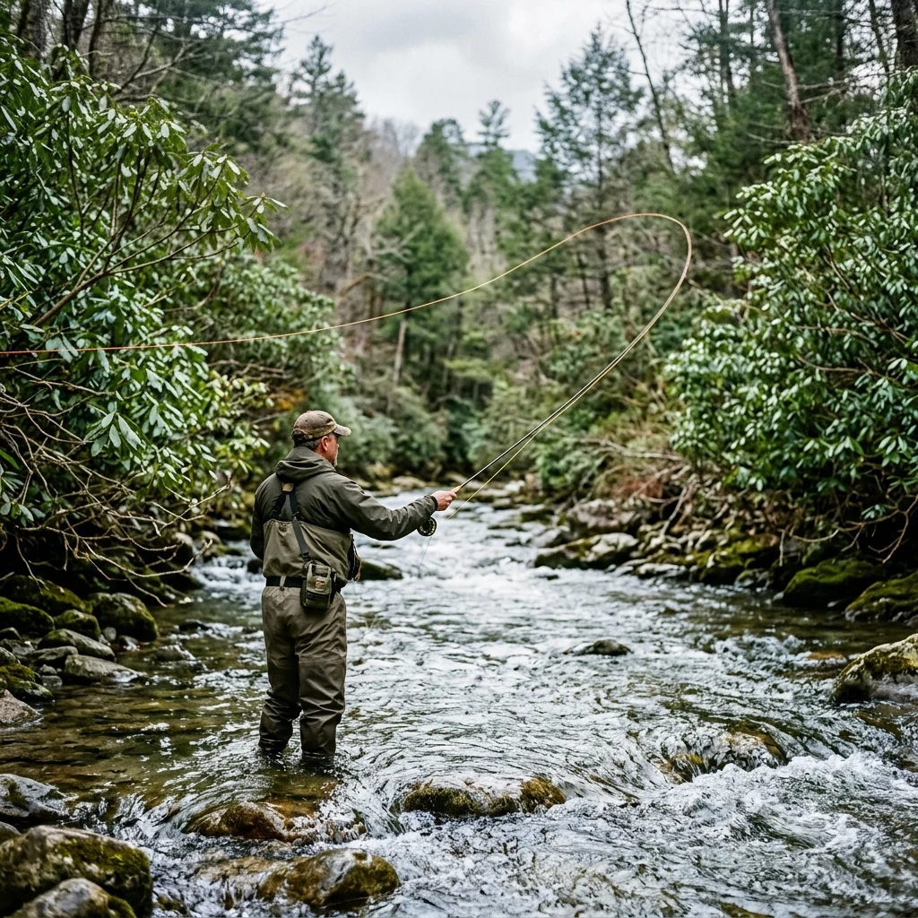 A fly angler casting a line into a mossy mountain creek in the blue-tinged Appalachians