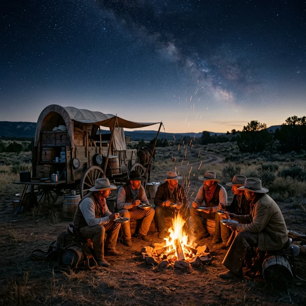 A cattle drive chuck wagon setup at dusk on the Chisholm Trail