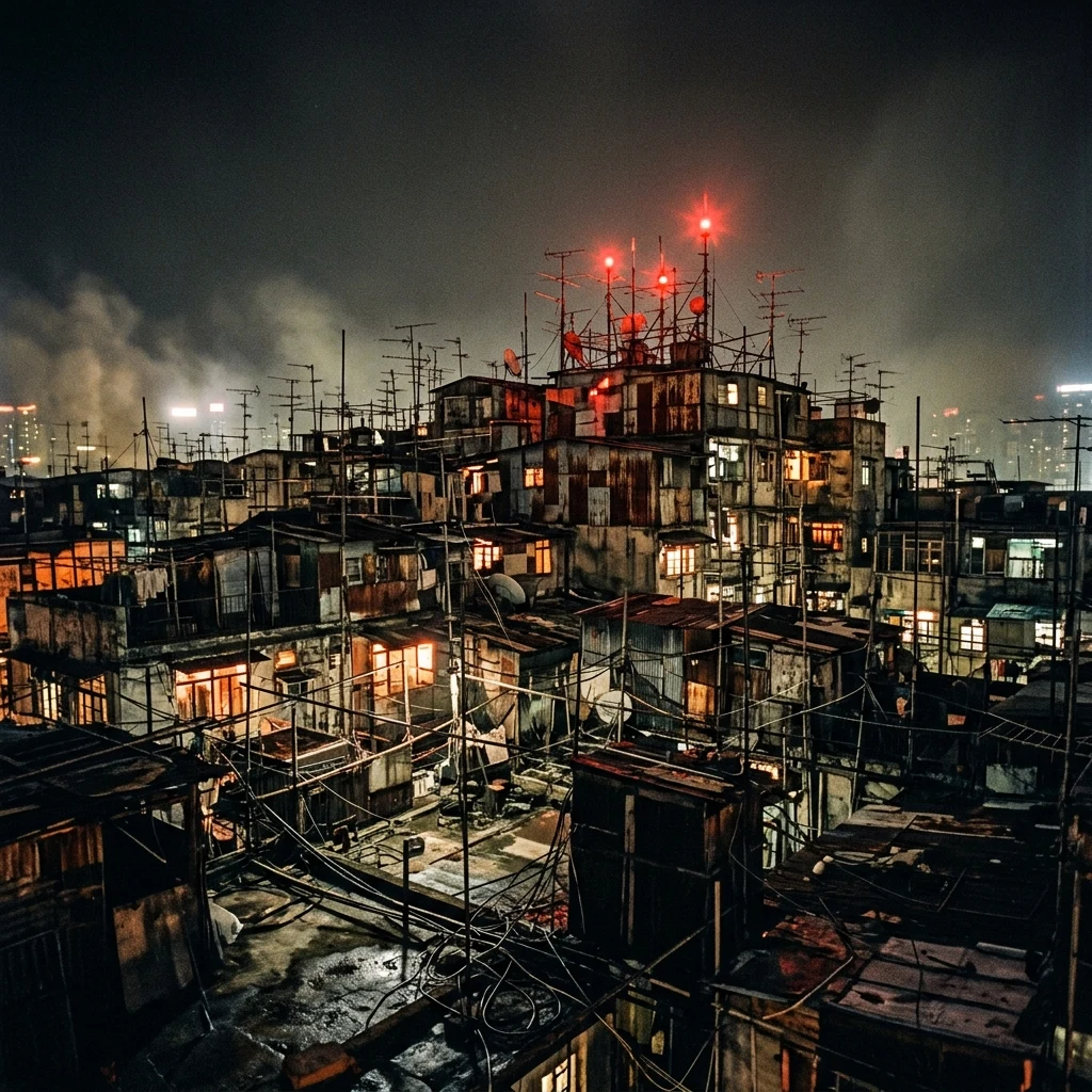 City rooftops glowing at night