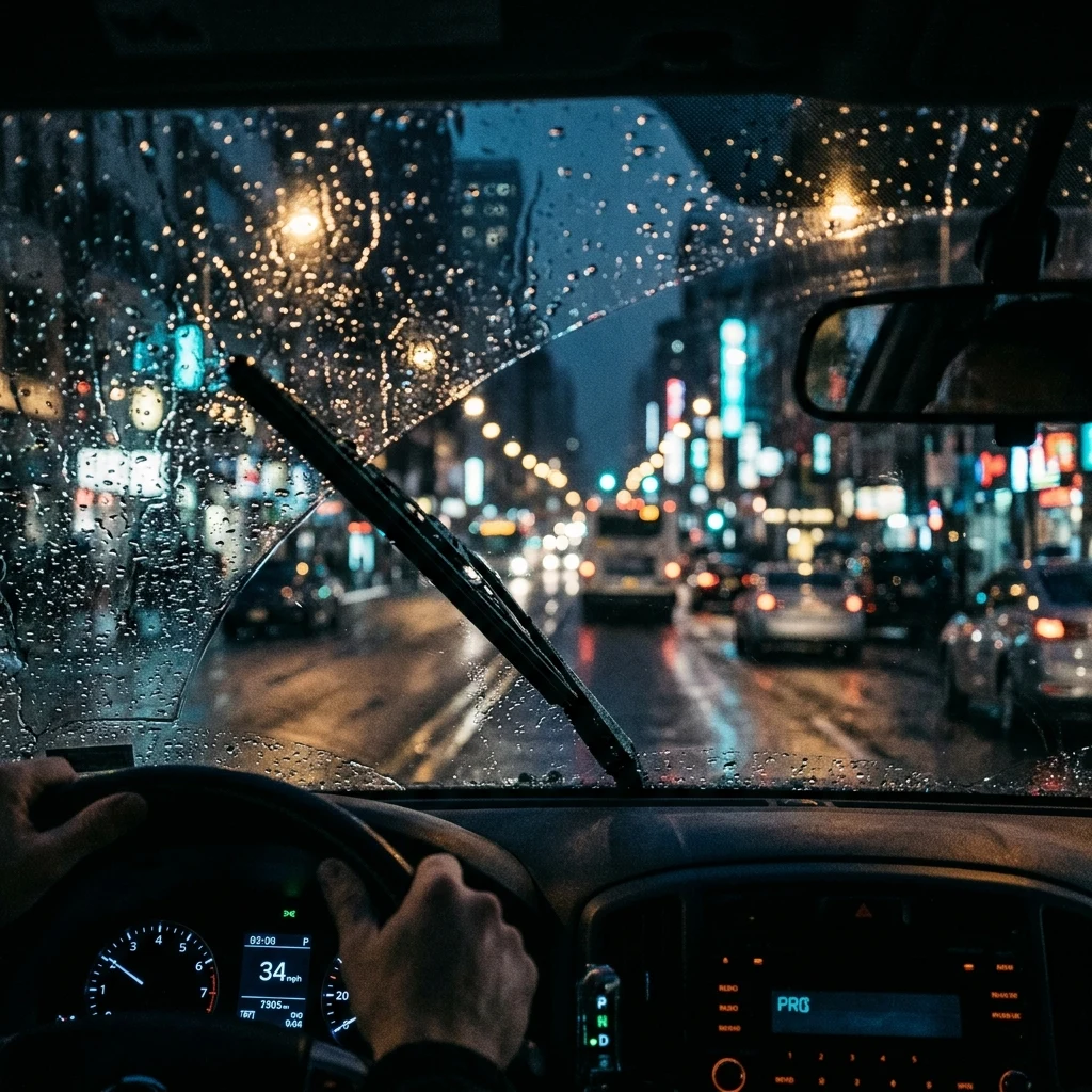 A driver's perspective through a rain-covered windshield at night