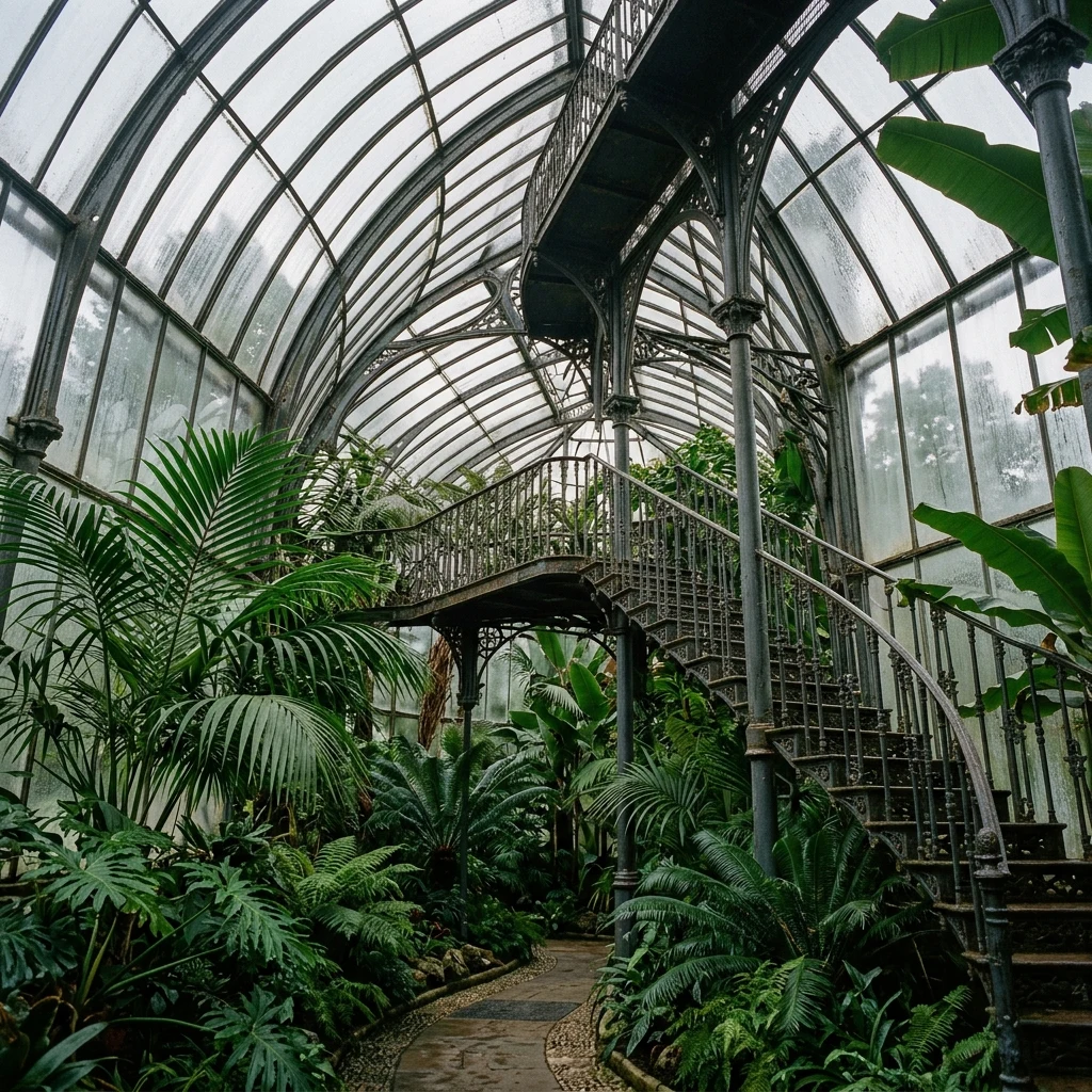 A humid Victorian palm house photographed on 120 medium format