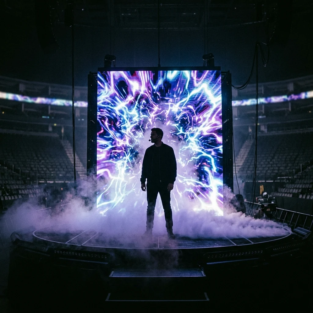 A modern-day neo-charismatic preacher on a dark arena stage