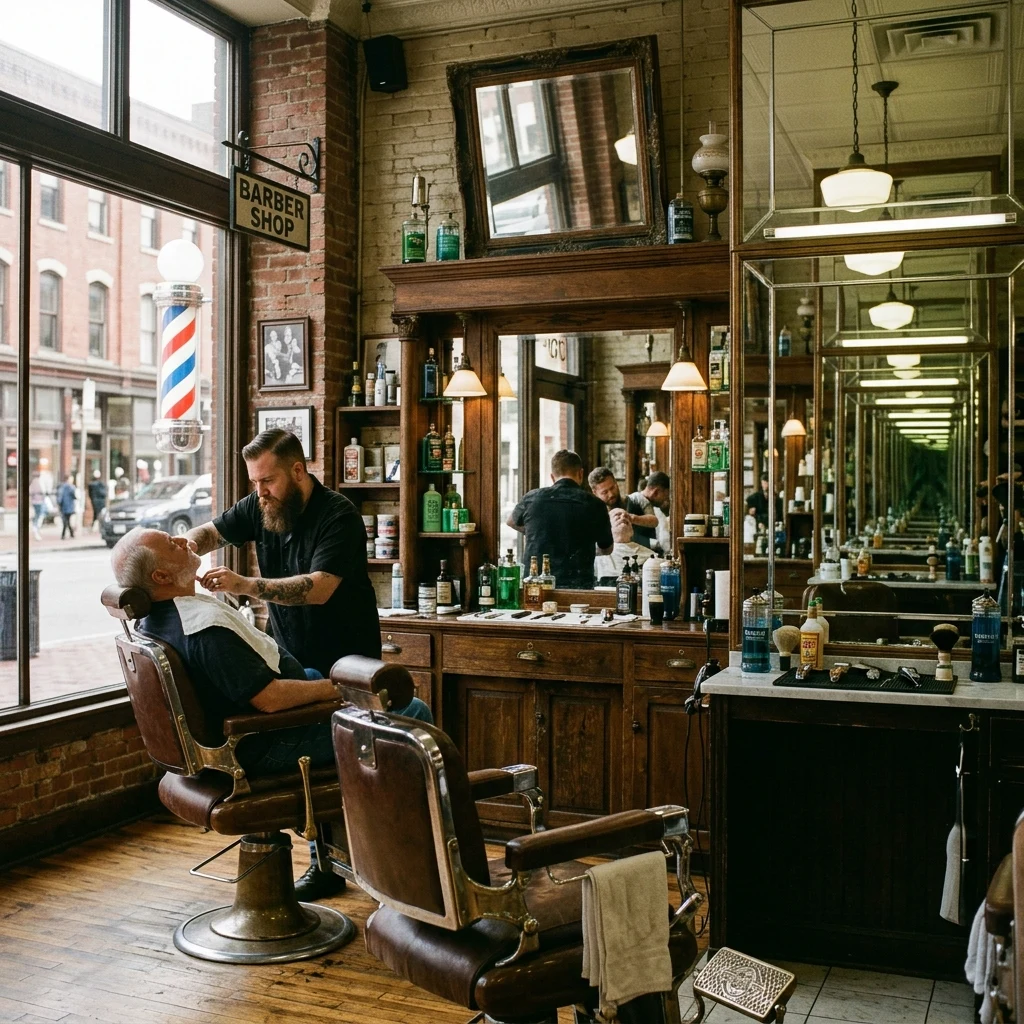 A vintage barbershop interior shot on Portra 800