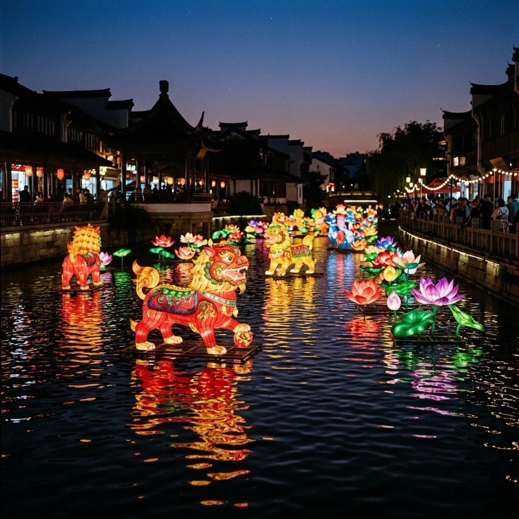Glowing lanterns on a tranquil canal