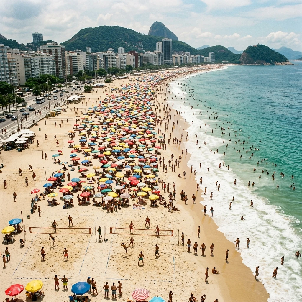 Crowded beach with many colorful umbrellas