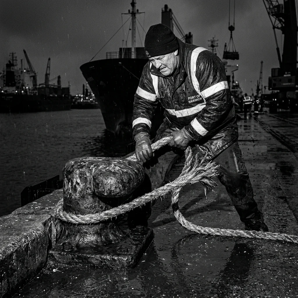 A dockworker in a high-visibility float coat securing heavy wet hawser lines to an iron…