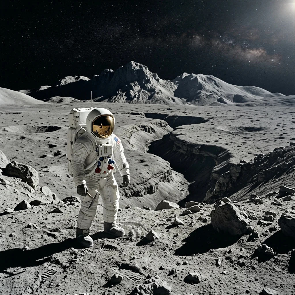 An astronaut in a pressurized spacesuit standing on the rim of Hadley Rille at the foot…