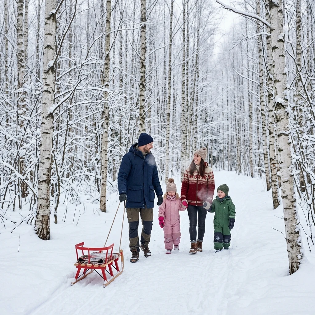 A family walking through a snow-covered birch forest in winter