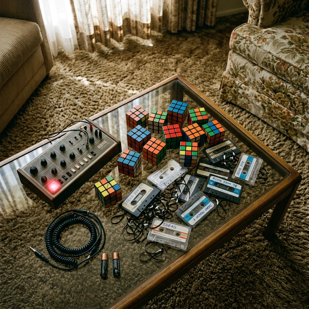 An overhead shot of a glass coffee table in an 80s living room