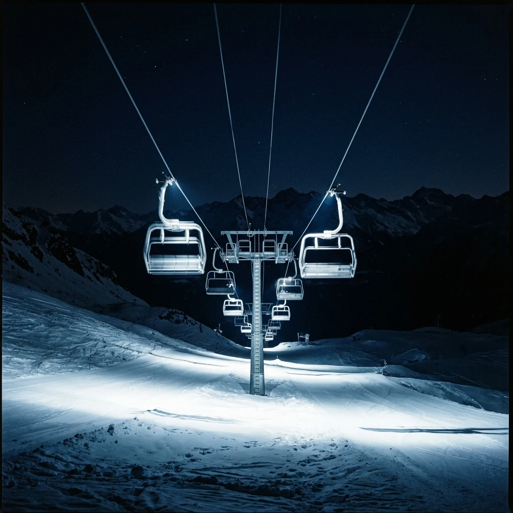 An empty chairlift at night under floodlights