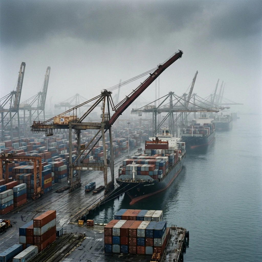 A container port frozen mid-operation