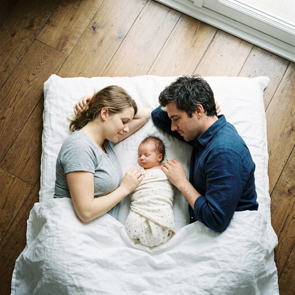 A young family with a newborn baby lying together on a white linen sheet on the floor