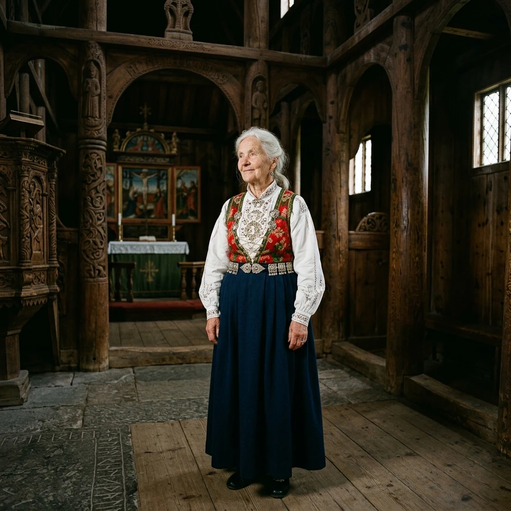 Person in traditional clothing inside a wooden church
