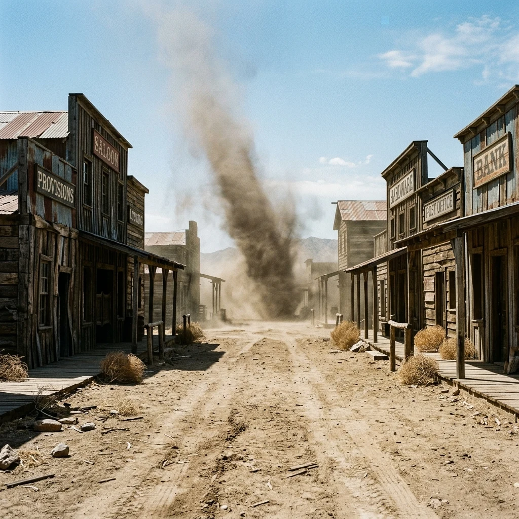 A frontier desert town main street lined with ramshackle two-story buildings made of…