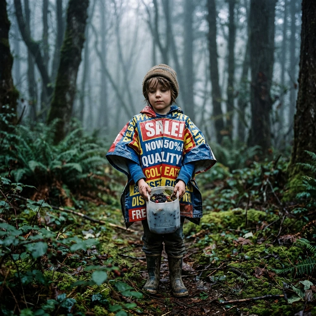 A child wearing a rain poncho fashioned from a heavy-duty billboard vinyl banner