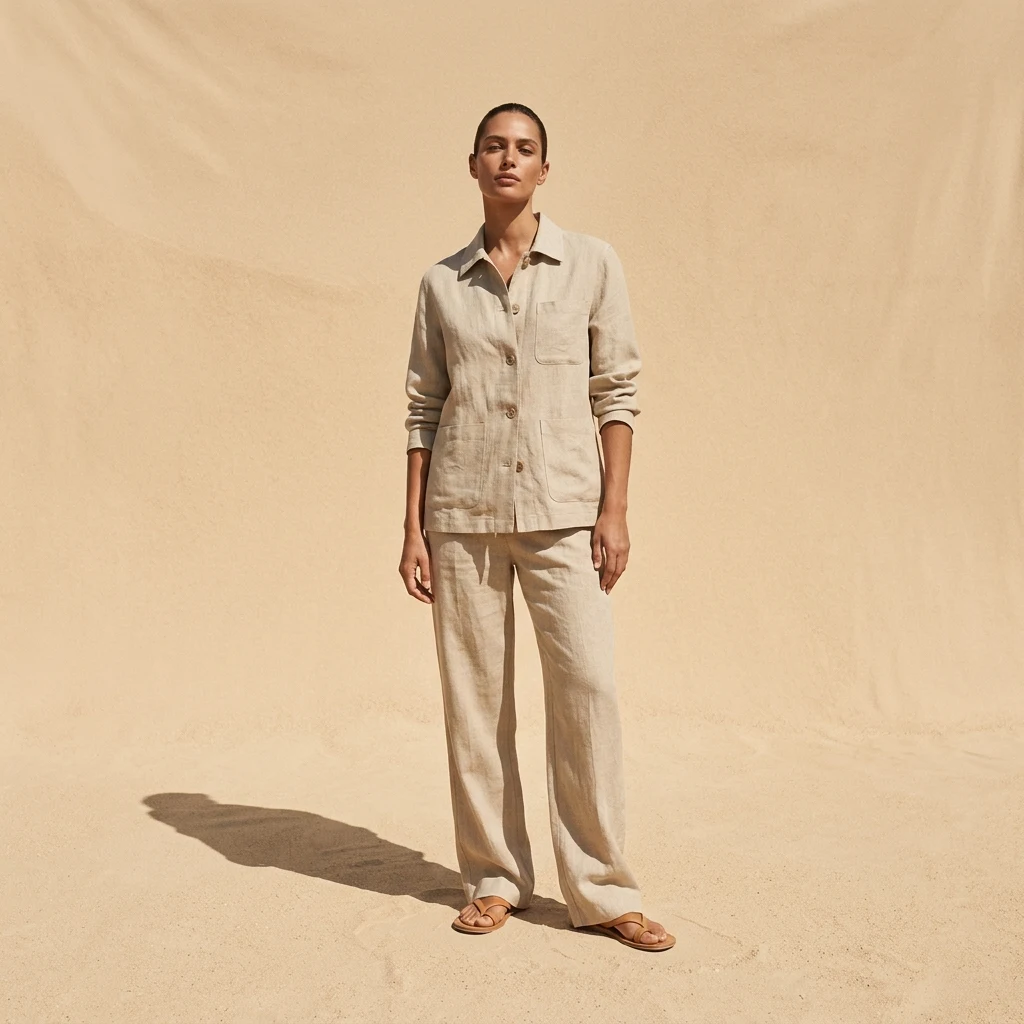 Minimalist fashion portrait on a sandy backdrop