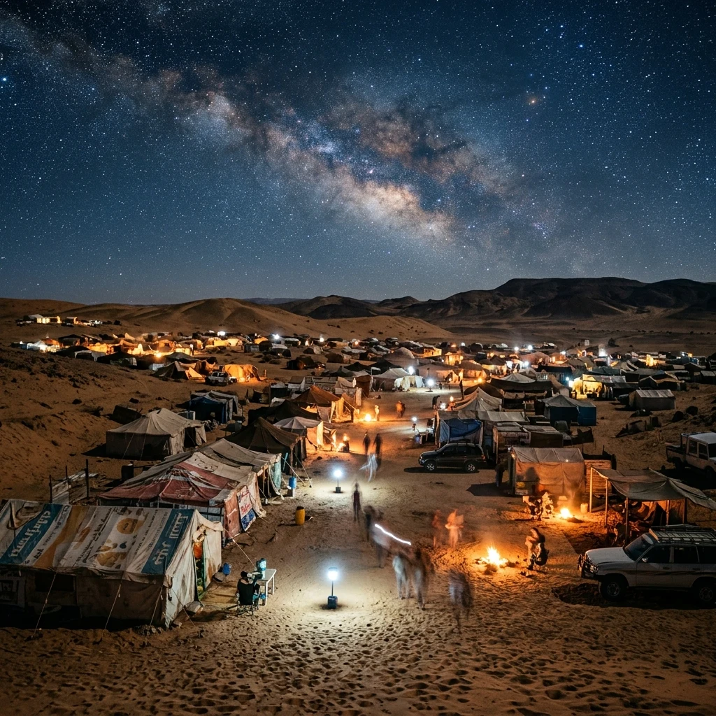 A long-exposure shot of a makeshift desert settlement under a star-filled sky