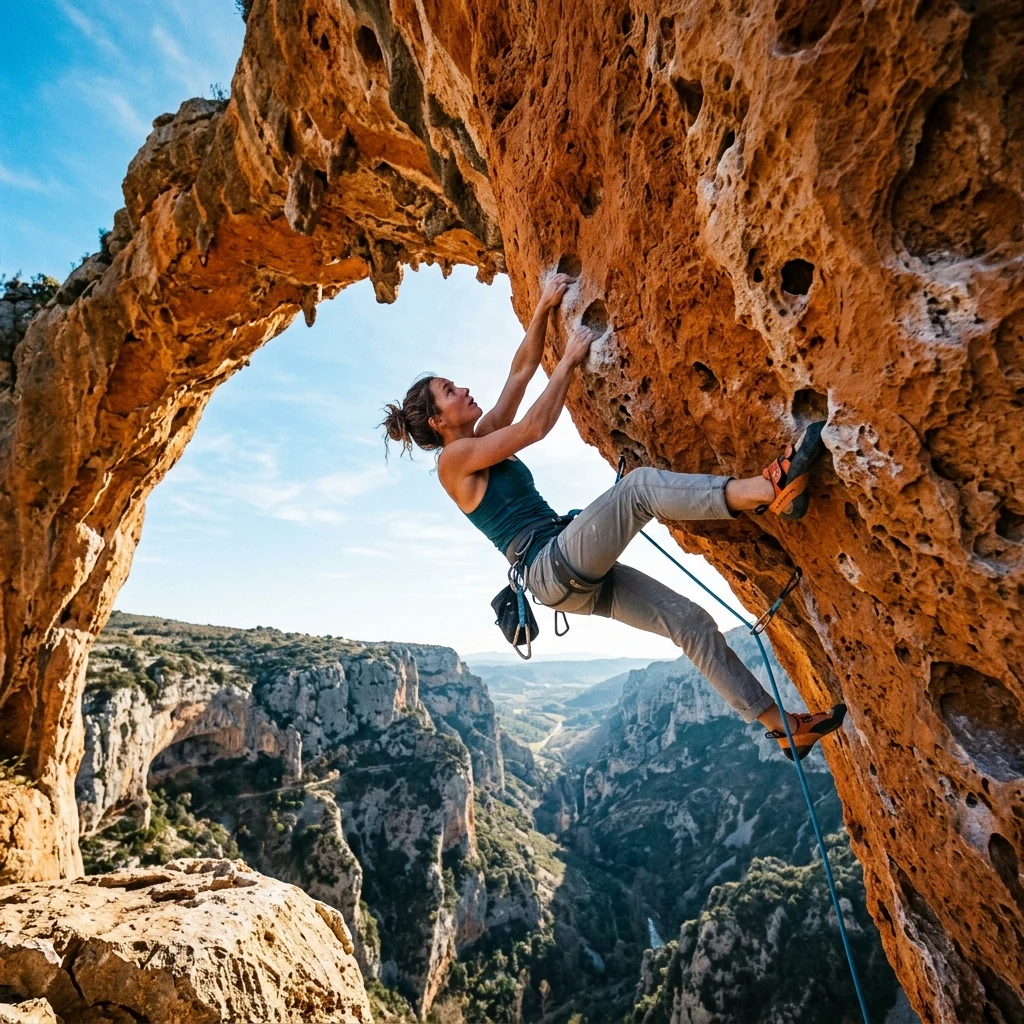 Climber on a limestone rock arch