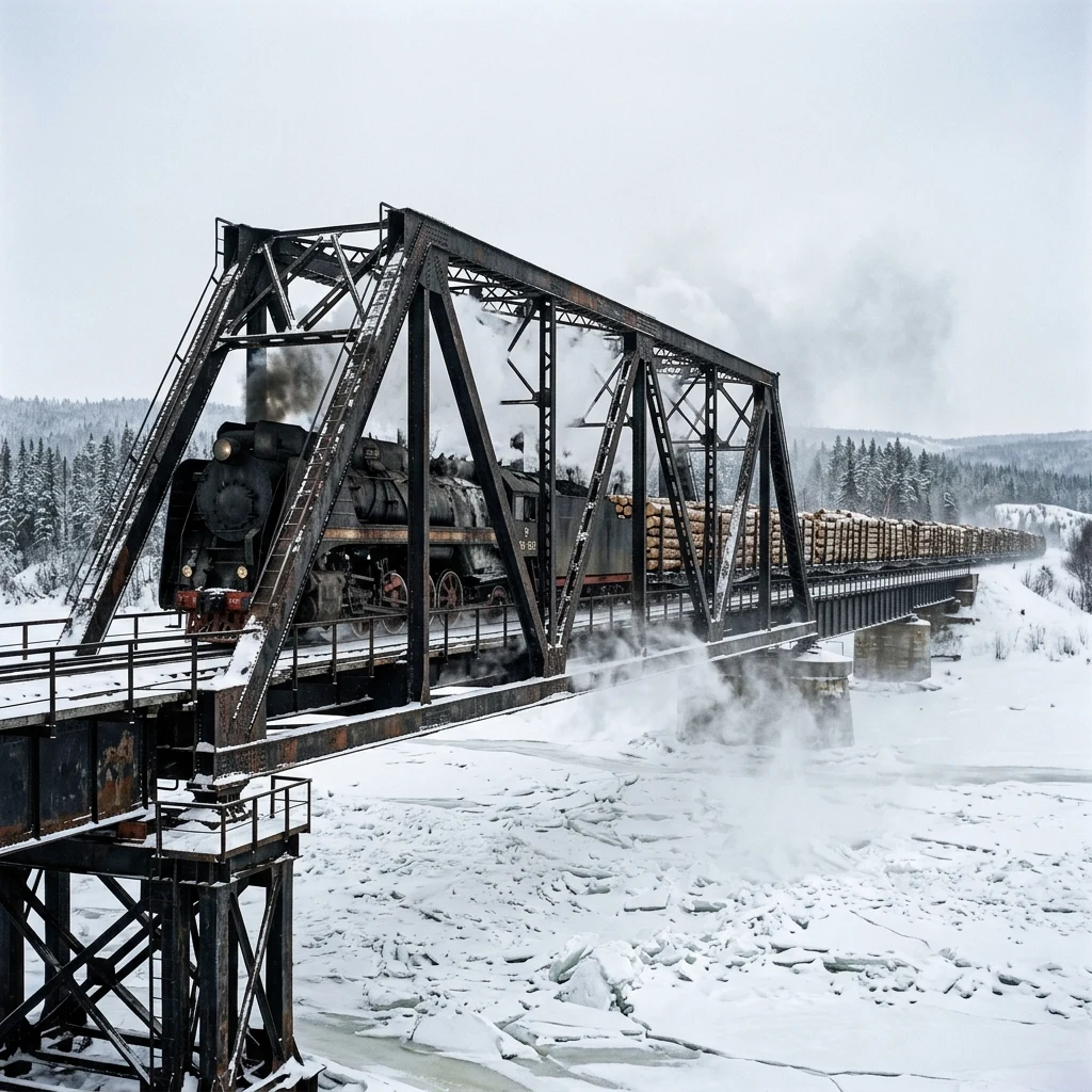Steam train crossing a frozen river bridge
