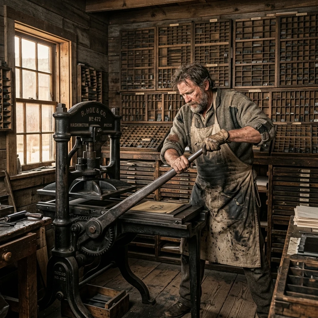 Printer working at a vintage hand press