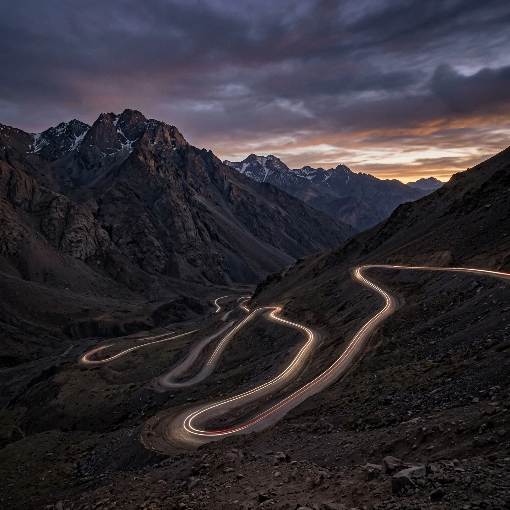 Winding mountain road at twilight