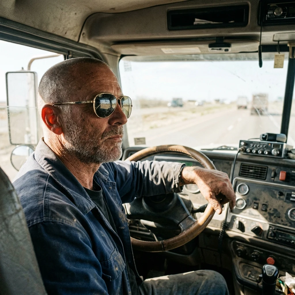 A convoy driver with a shaved head and scratched aviators