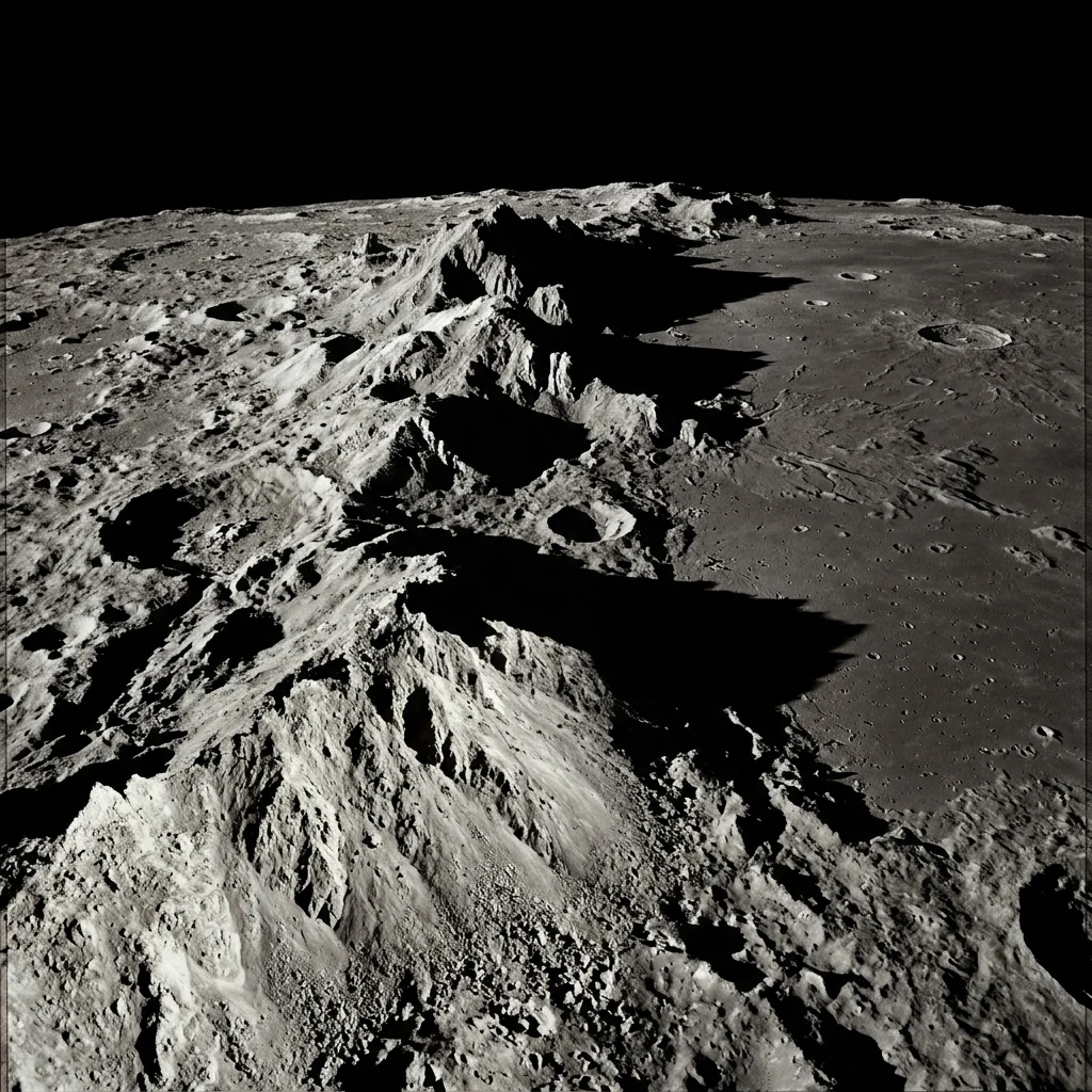 An astronomical photograph looking along the rugged