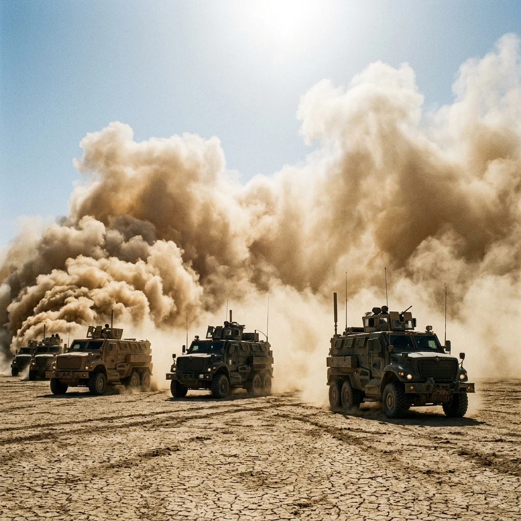 A convoy of welded and armored trucks crossing a dry lakebed