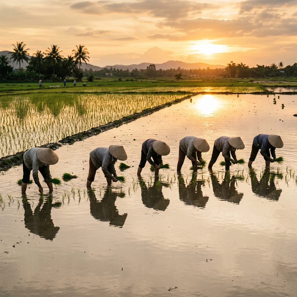 A hand-transplanting crew working a flooded paddy at low sun
