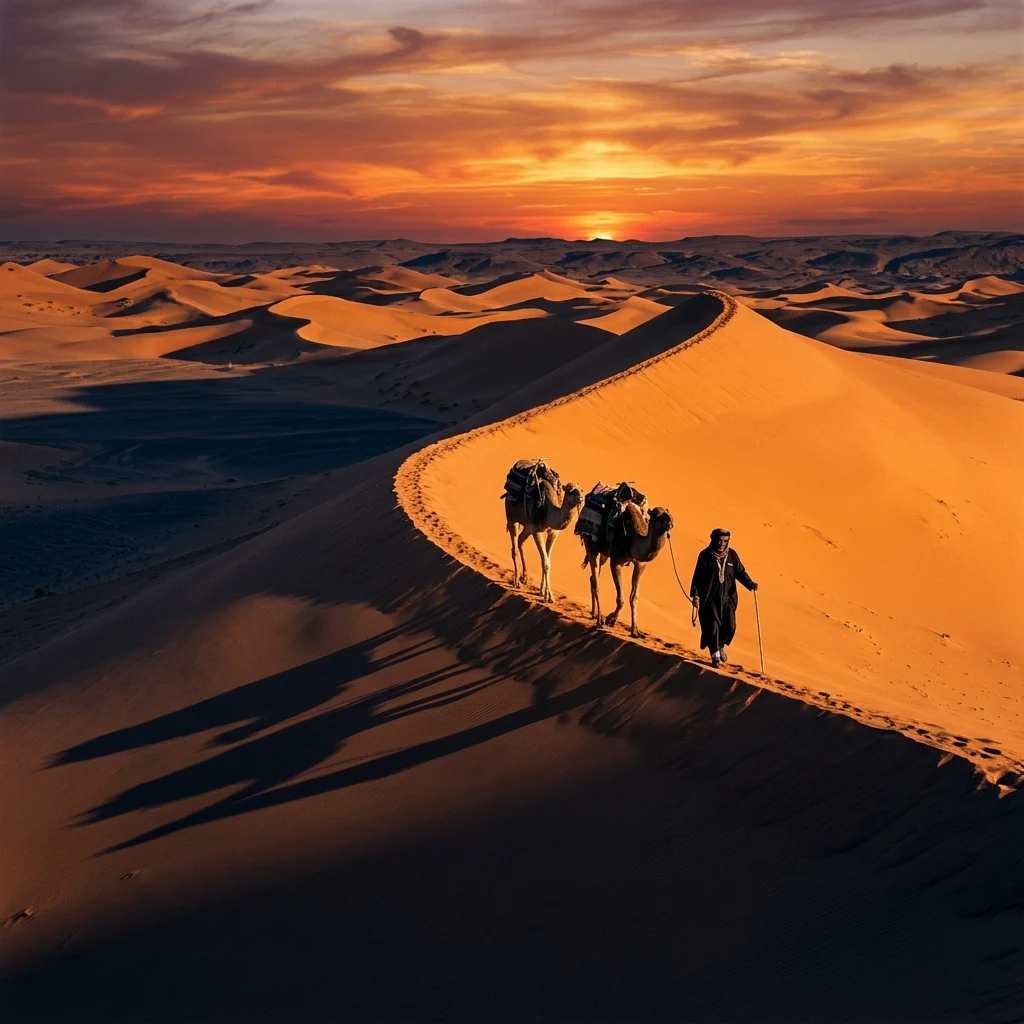 A lone bedouin guiding a camel caravan along the sharp ridge of an orange sand dune at…