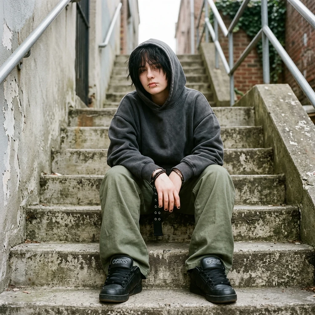 Person sitting on a concrete stairwell