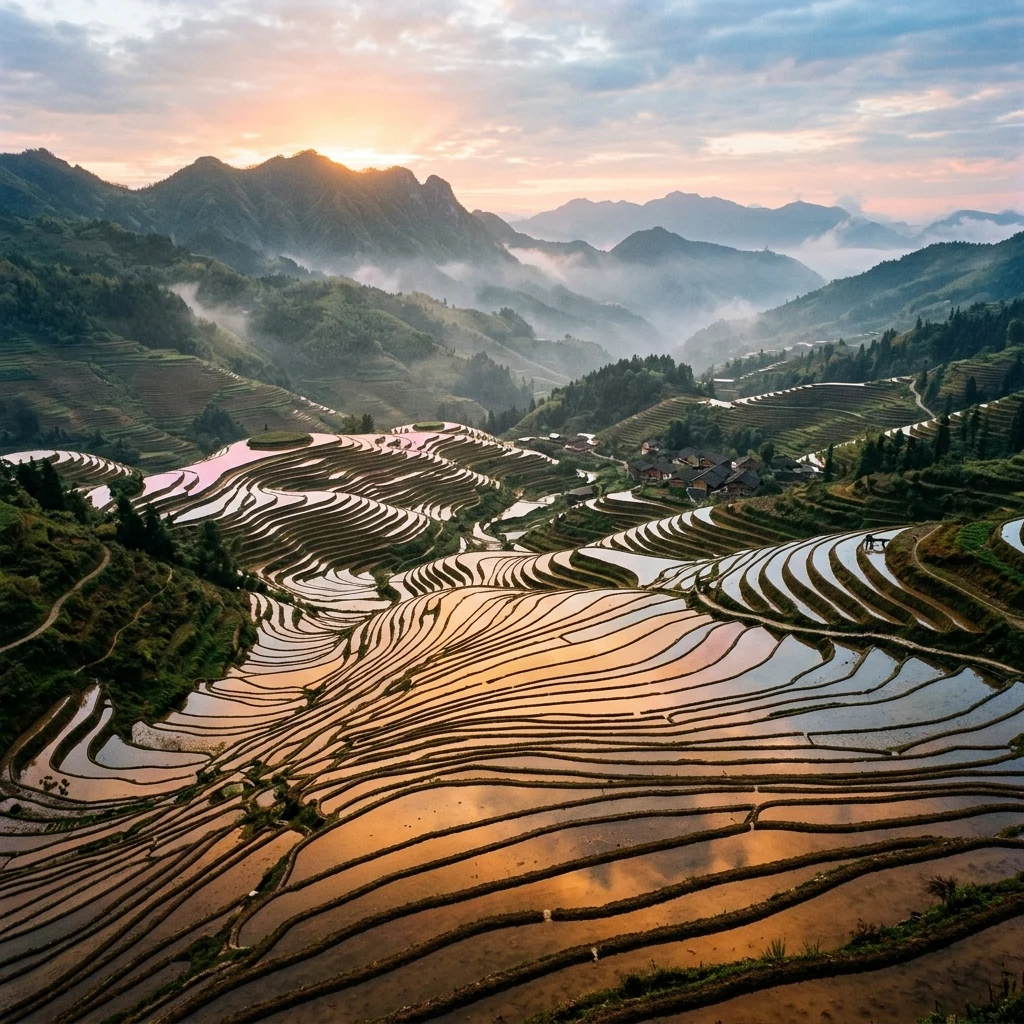 Terraced rice paddies in Guizhou flooded for planting season