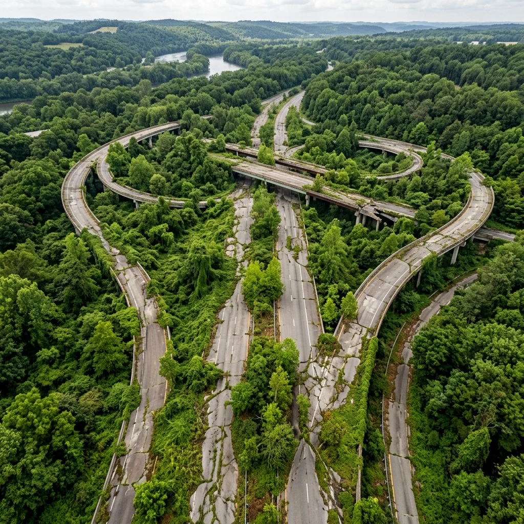 A drone photograph of a highway interchange gone to forest