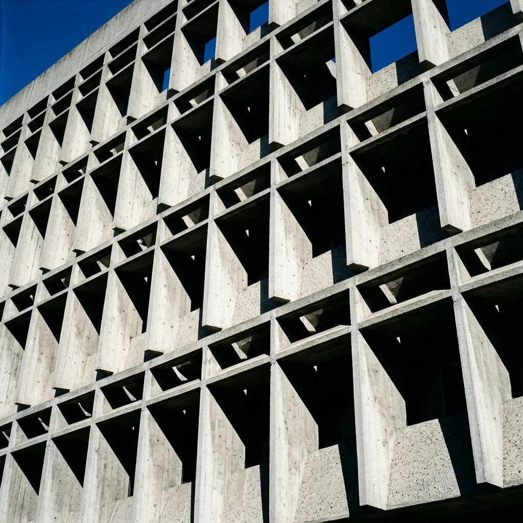 A brutalist administrative building facade composed of repeated angled concrete…