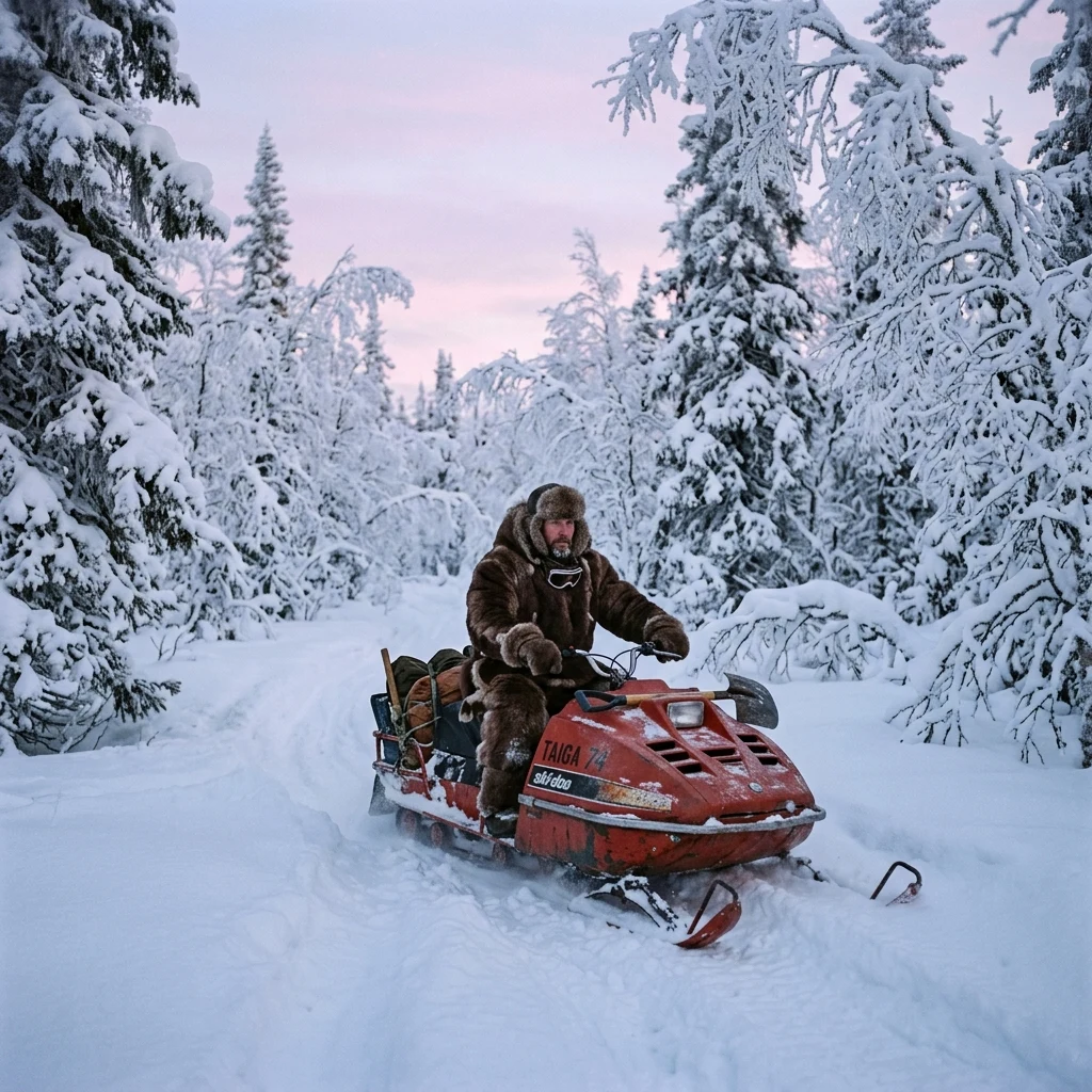 Riding a snowmobile through a frozen forest