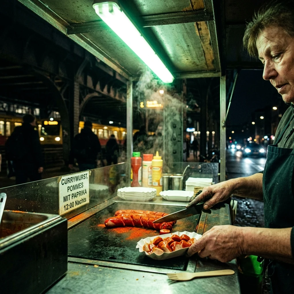 A sausage vendor outside a Berlin train station at midnight