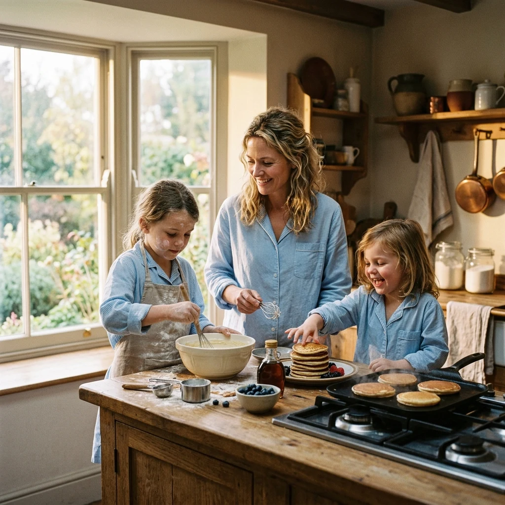 A mother with two young daughters in matching nightshirts making pancakes on a Sunday…