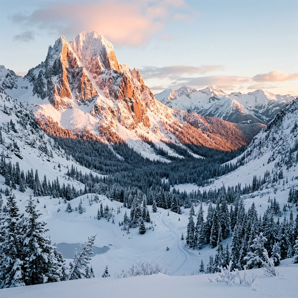 A majestic snow-capped mountain peak catching the brilliant pink and golden light of…
