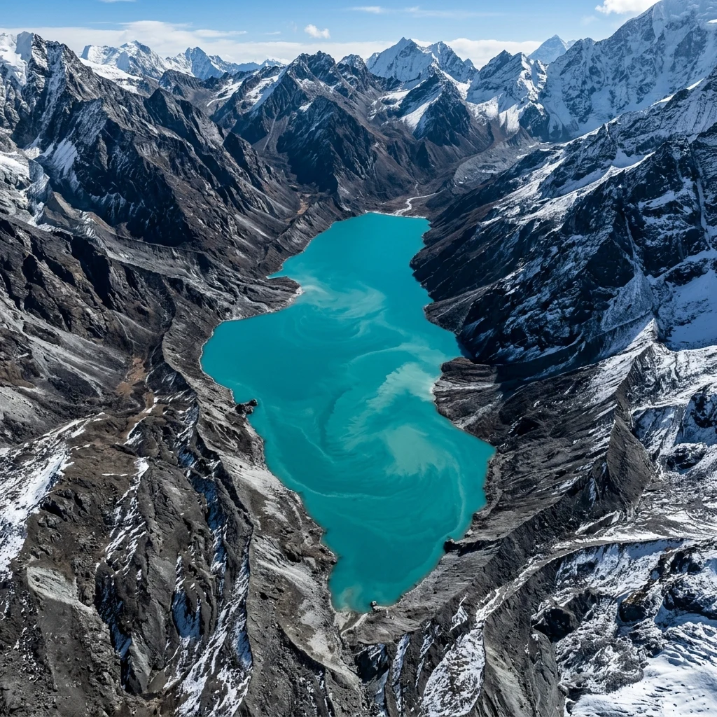 Turquoise glacial lake in the high mountains