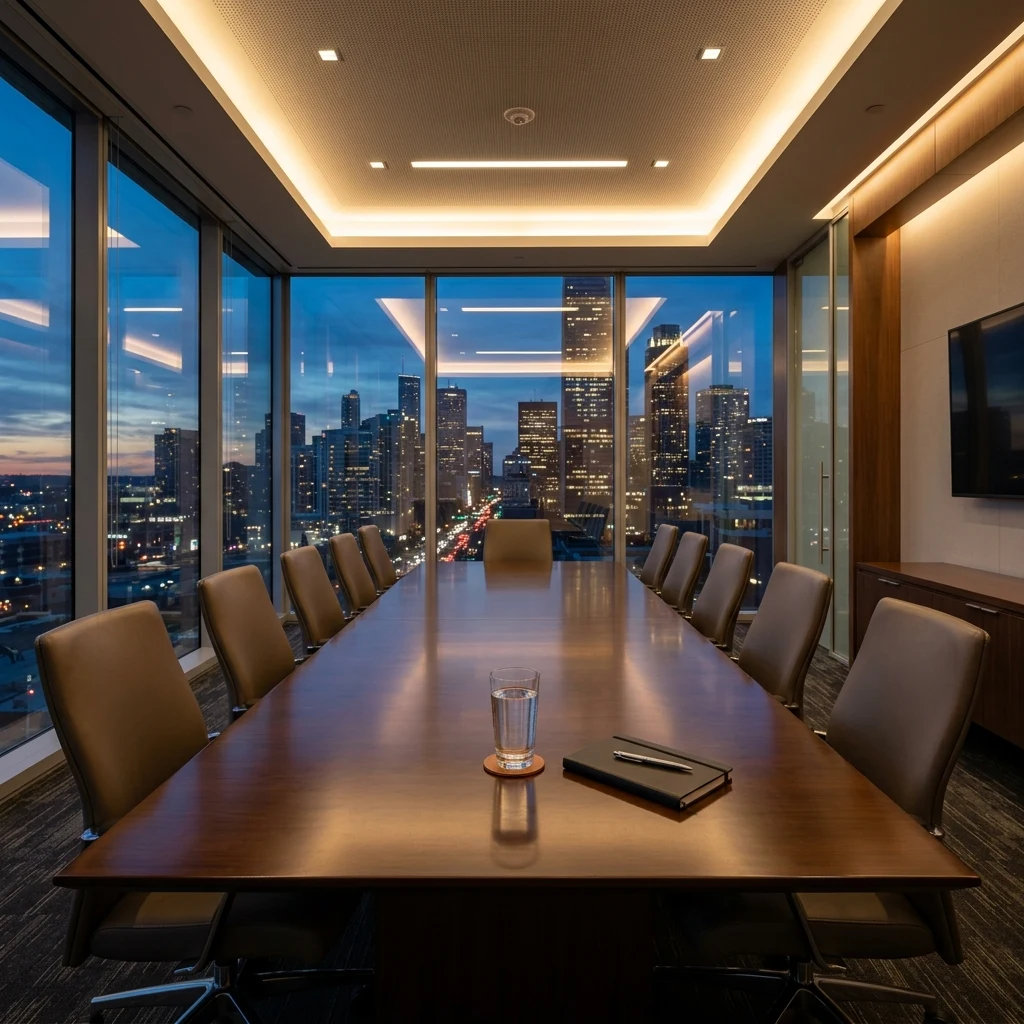 Modern boardroom overlooking the city skyline
