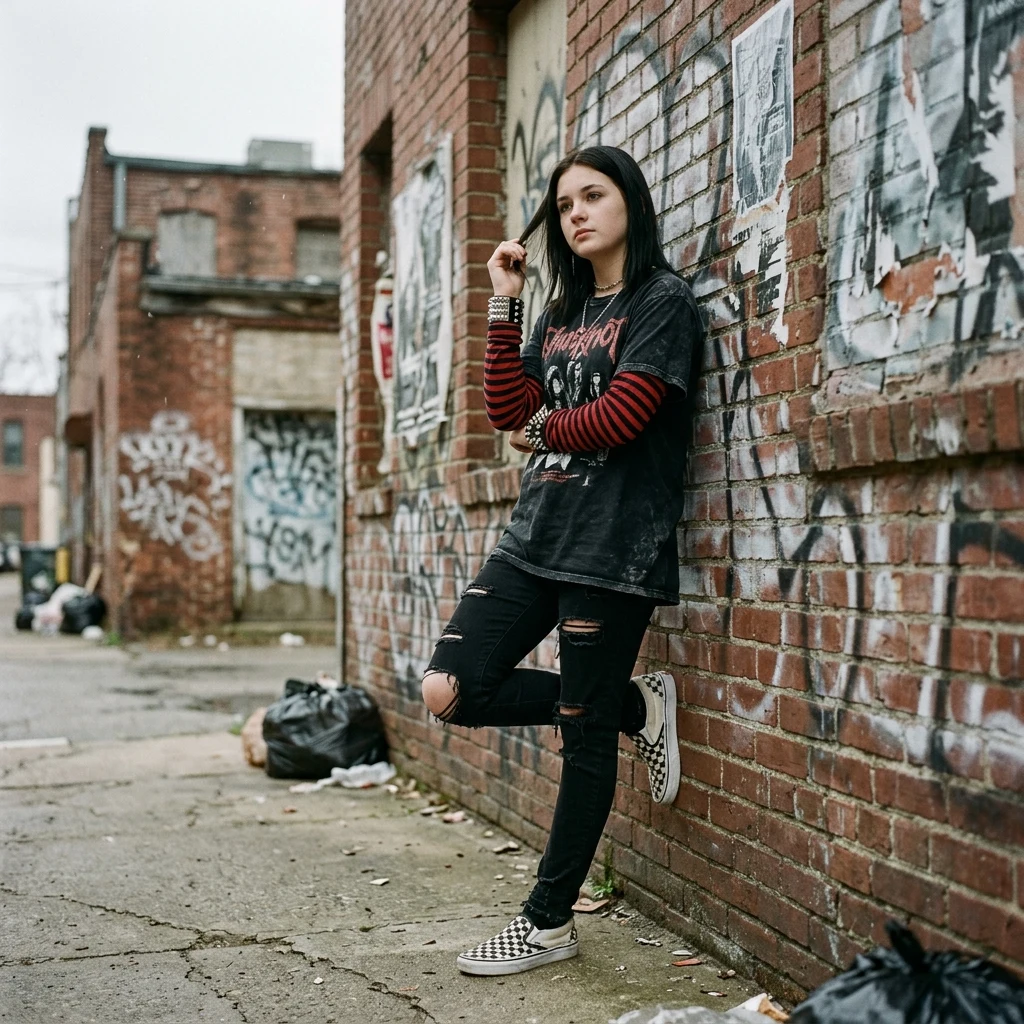 Alternative fashion against a city wall