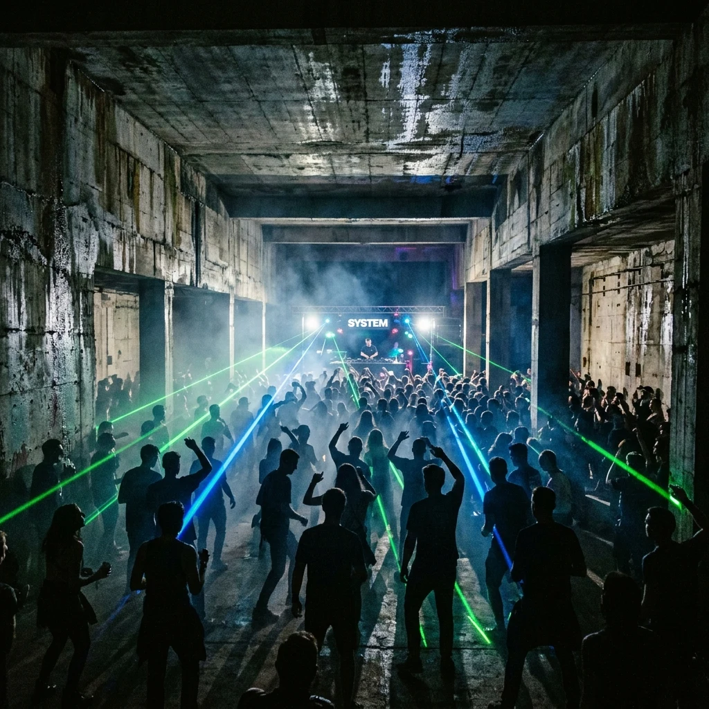 Crowd dancing at a neon light show