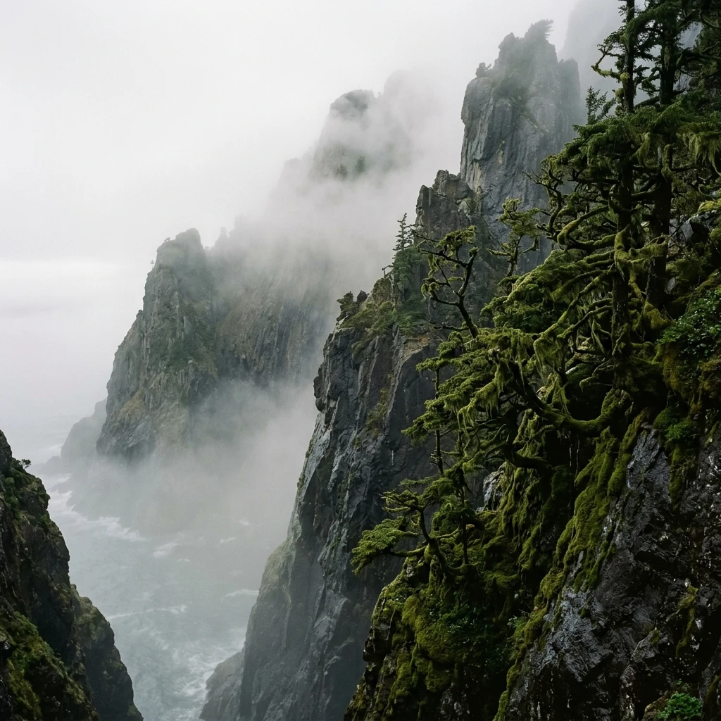 A thick blanket of coastal fog rolling over the sheer granite cliffs of the Verdant Crags…