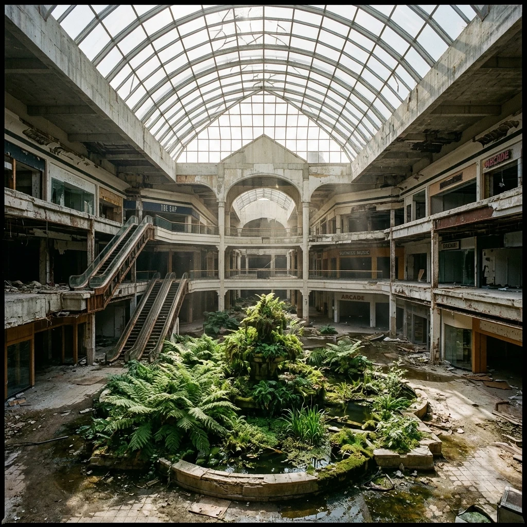 An abandoned concrete mall interior swallowed by decay