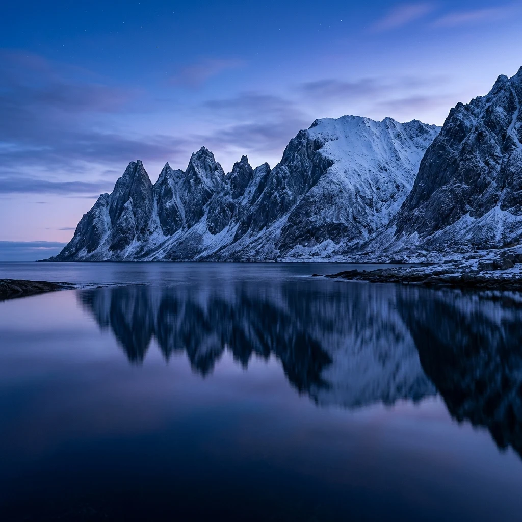Jagged mountain peaks reflected in a fjord
