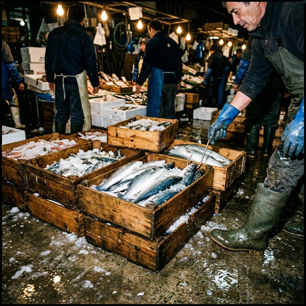 A pre-dawn fish market on wet concrete