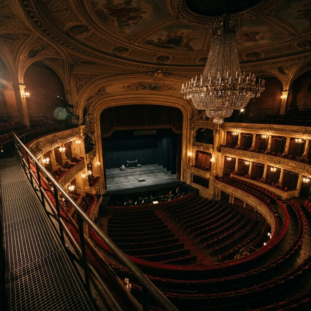 Empty opera house with a crystal chandelier