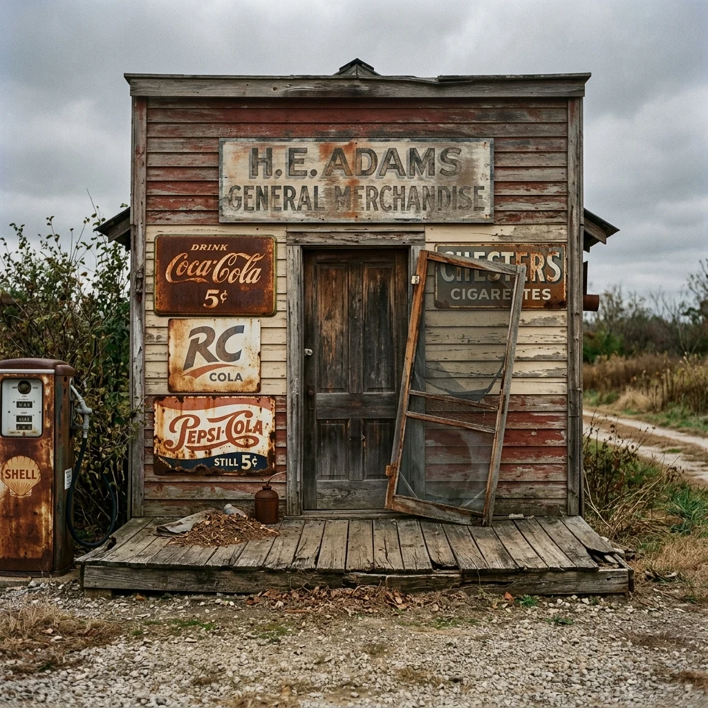 A forgotten country store with faded